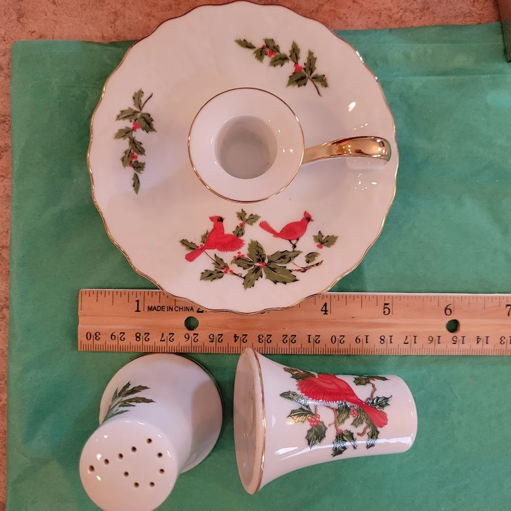 Vintage Lefton Salt & Pepper Shakers & Candle Holder ~ Christmas Cardinal Motif